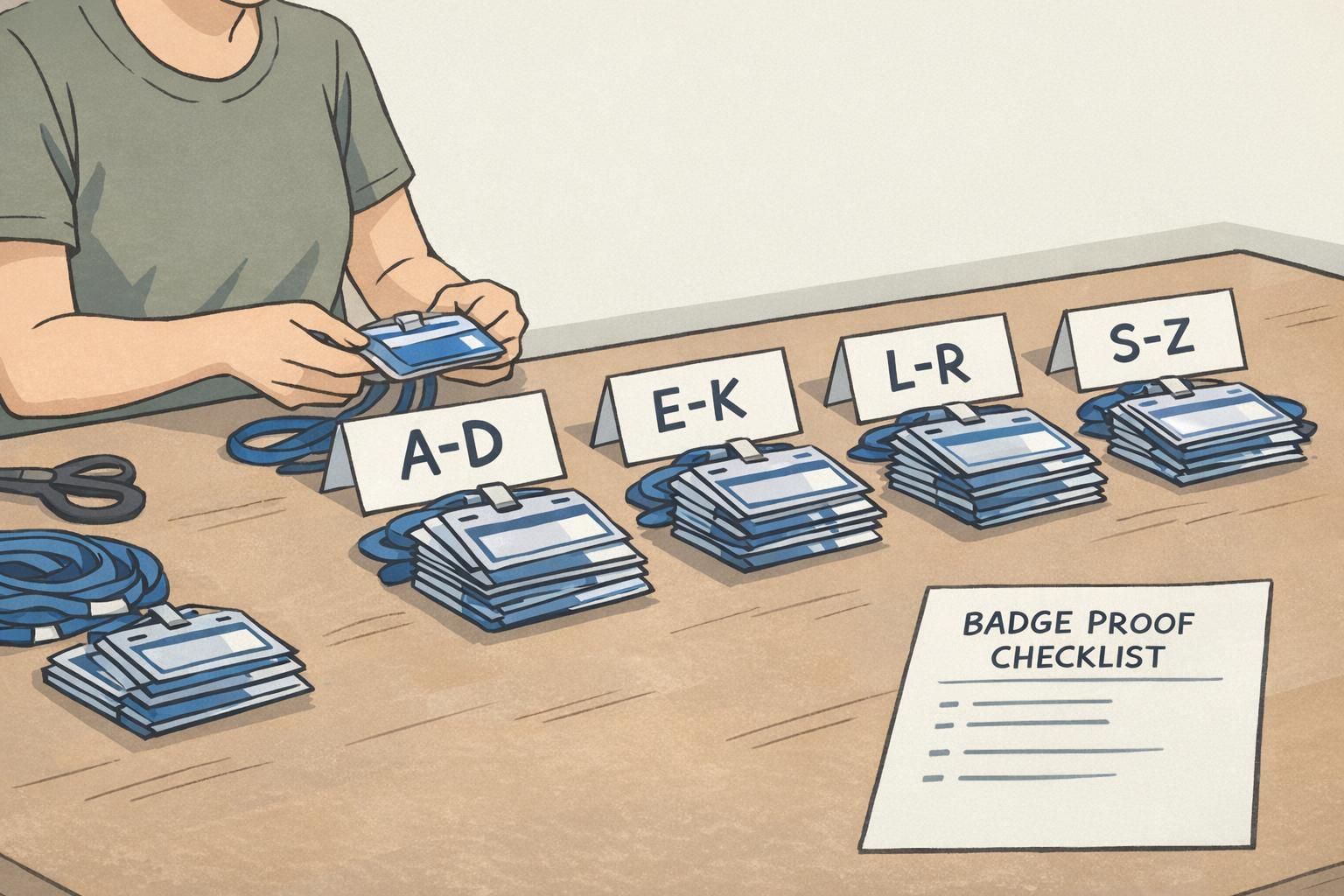 Event staff sorts finished badges into alphabetized piles next to a badge proof checklist after completing a bulk badge order quality check.
