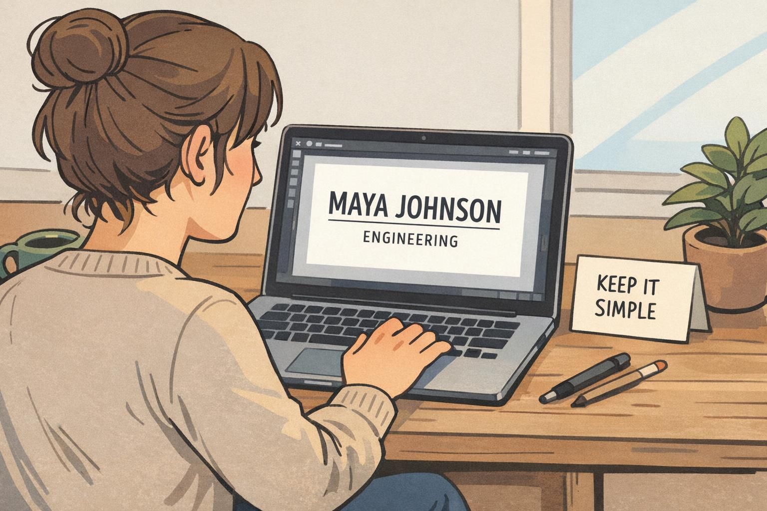 A designer edits a badge template on a laptop with a large name line and smaller department line, showing clear type hierarchy for quick scanning.