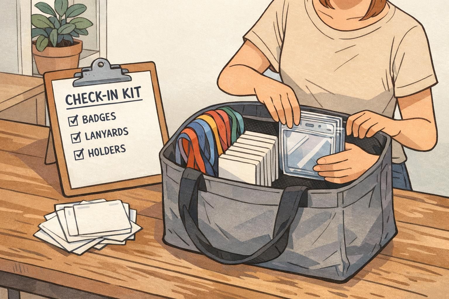 An organizer packs a check-in kit with lanyards, clear holders, and blank badge inserts to avoid delays during arrivals.