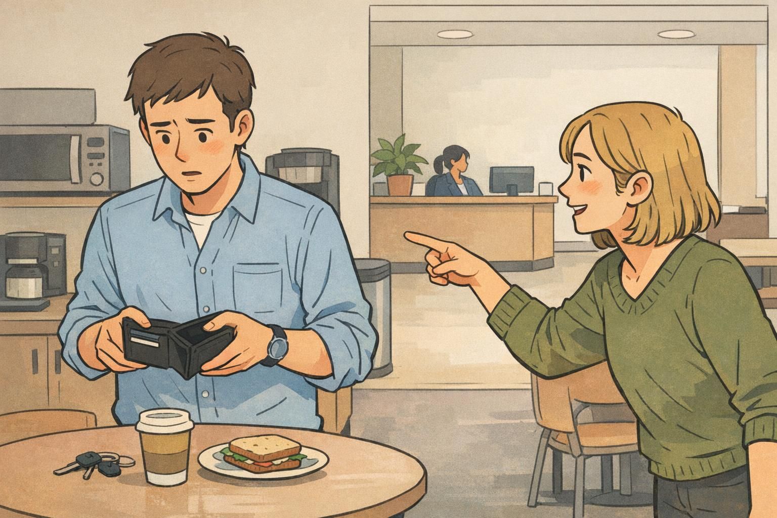 In a breakroom, an employee notices their ID badge is missing and heads to the front desk for assistance rather than borrowing someone else’s badge.