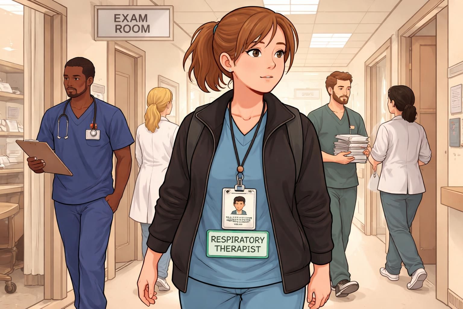 Busy emergency department corridor with staff moving purposefully; one clinician wears an ID badge with a light-teal badge buddy labeled RESPIRATORY THERAPIST to aid fast recognition.