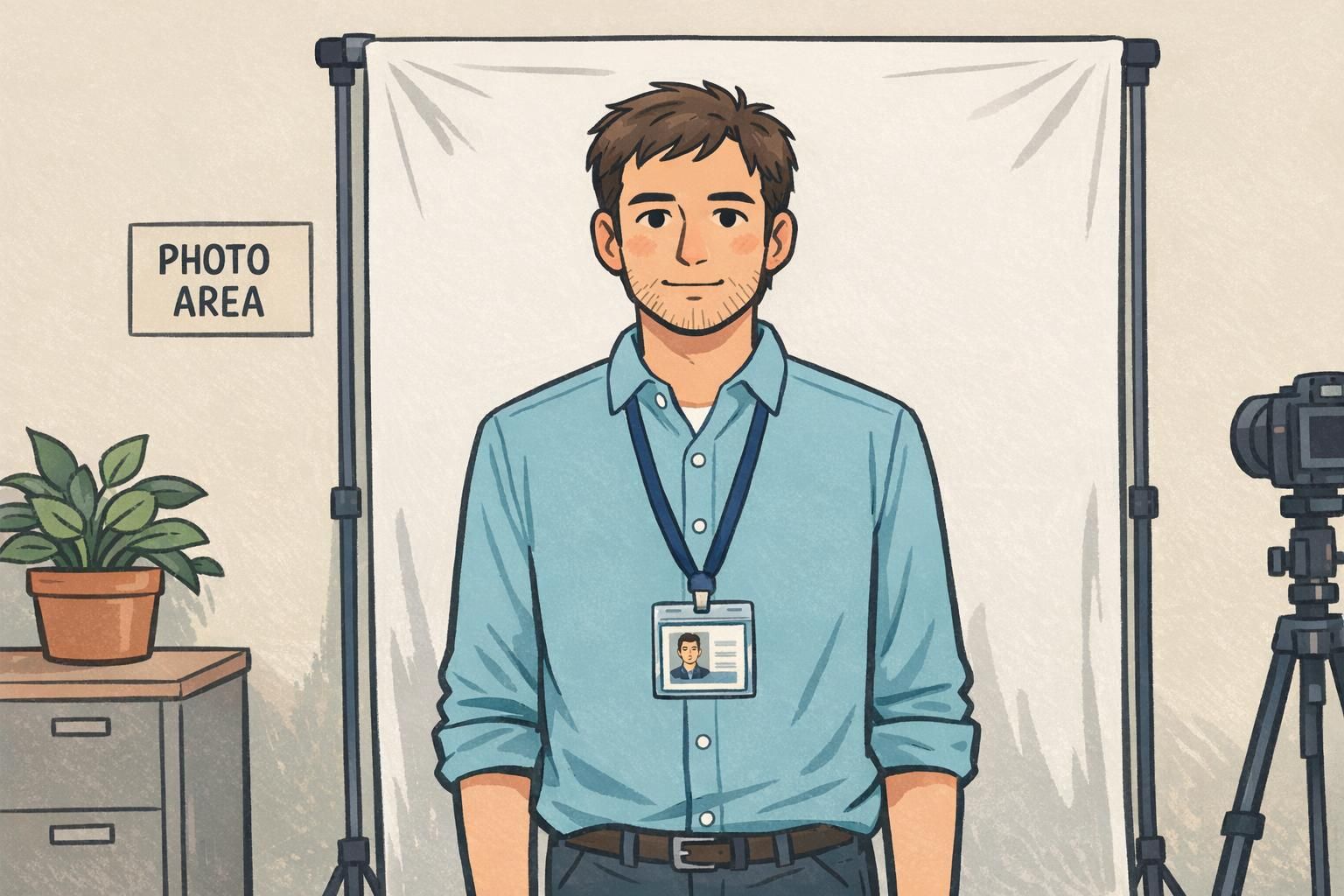 An HR administrator takes an updated ID photo in a dedicated photo area, with the employee wearing a lanyard and centered badge in a clear holder.