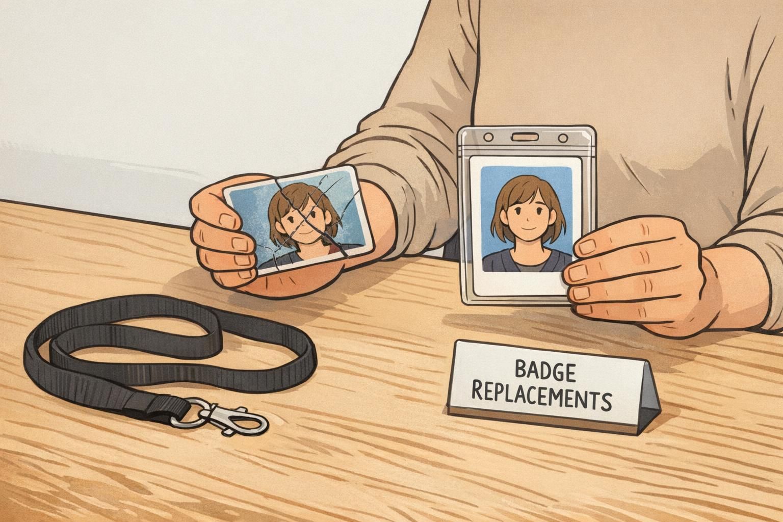 An employee exchanges a cracked ID card for a new replacement badge in a clear holder at a replacement desk.