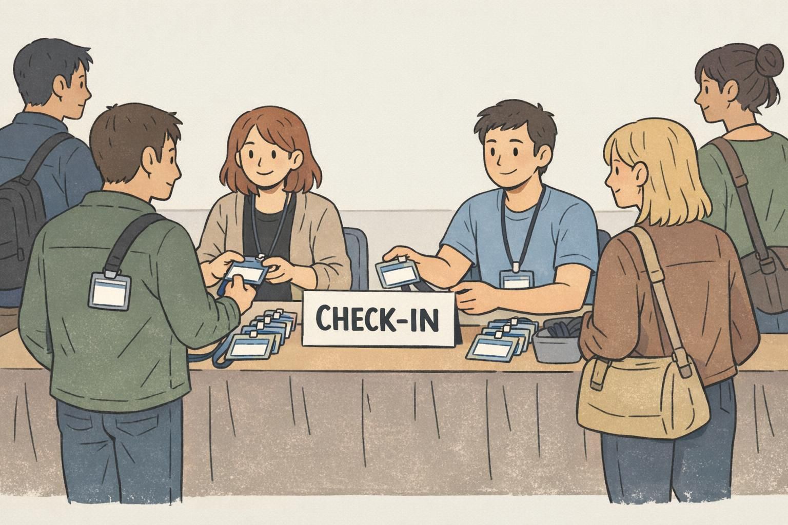 Event staff distribute conference badges at a check-in table as attendees wear clear badge holders on lanyards for smooth entry flow.