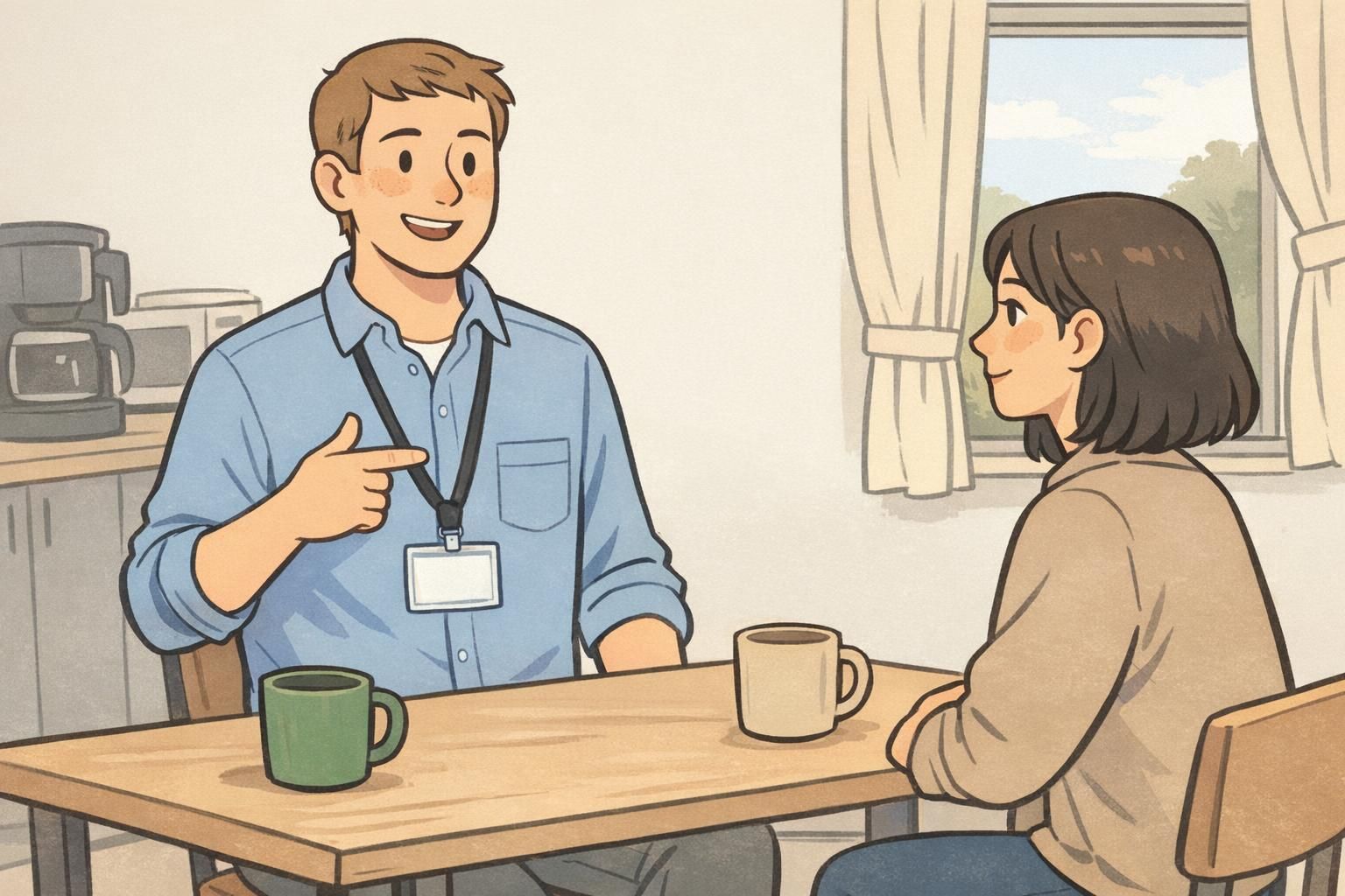 Two staff members practice correct lanyard safety in a break room, with an ID badge on a lanyard positioned mid-chest outside clothing.