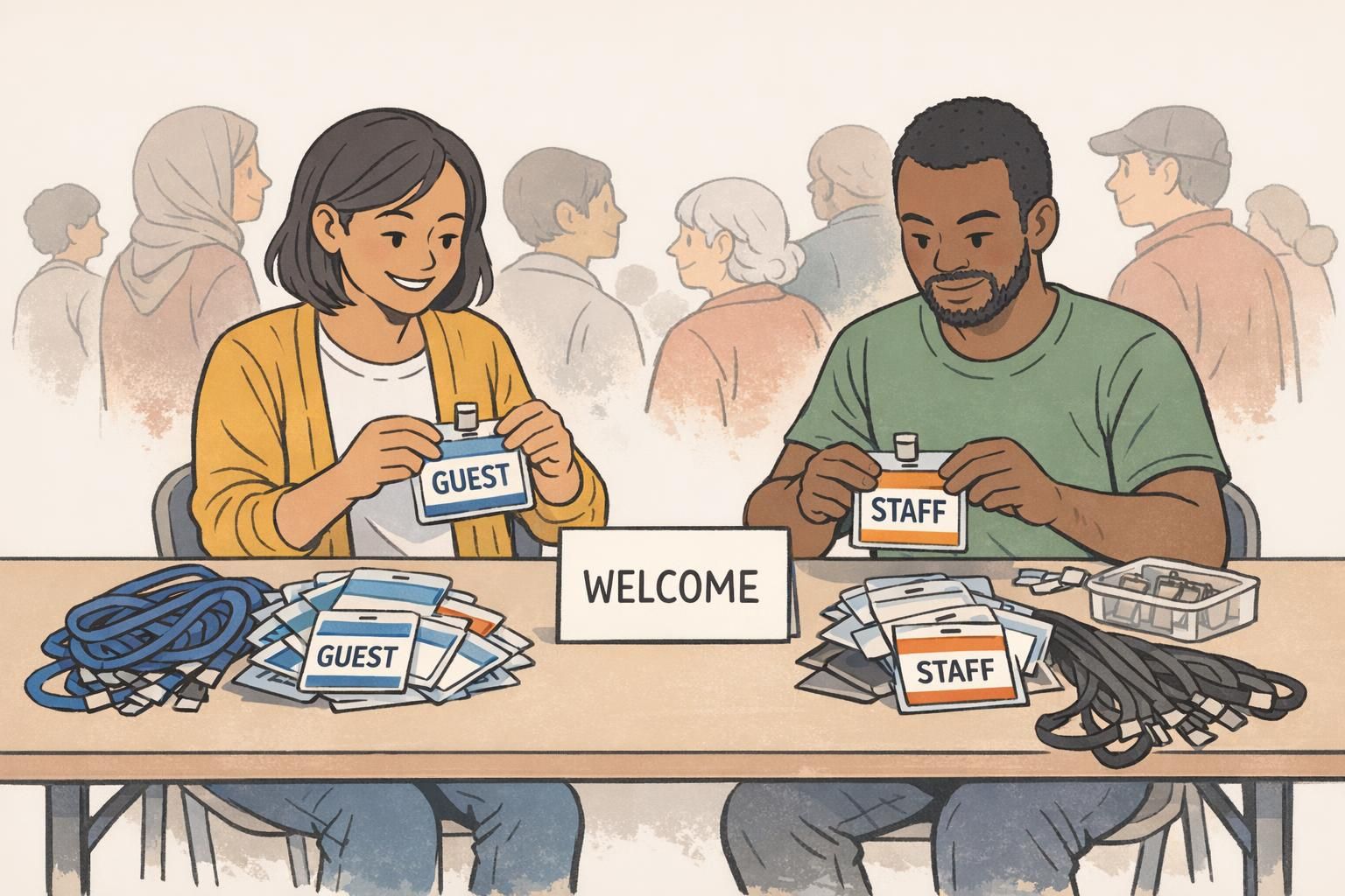 Community welcome table with lanyards and badge holders showing clear GUEST and STAFF role badges for a cultural celebration check-in.