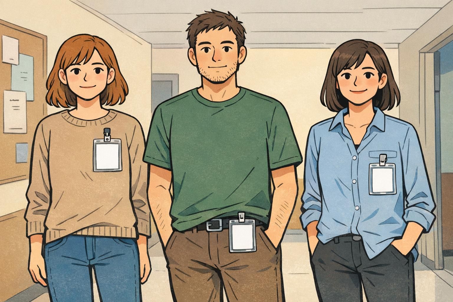 Three coworkers compare badge placement options with clear vertical holders worn on the chest, at the belt line, and clipped at a pocket edge.