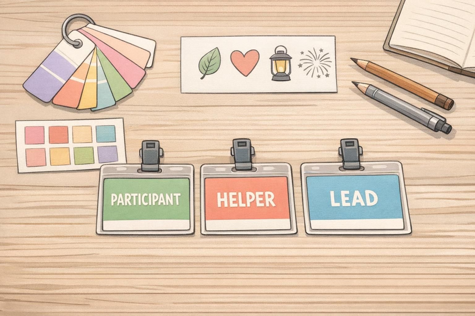 Tabletop layout of color swatches, simple icon sketches, and a tiered badge set labeled Participant, Helper, and Lead for recognition levels.