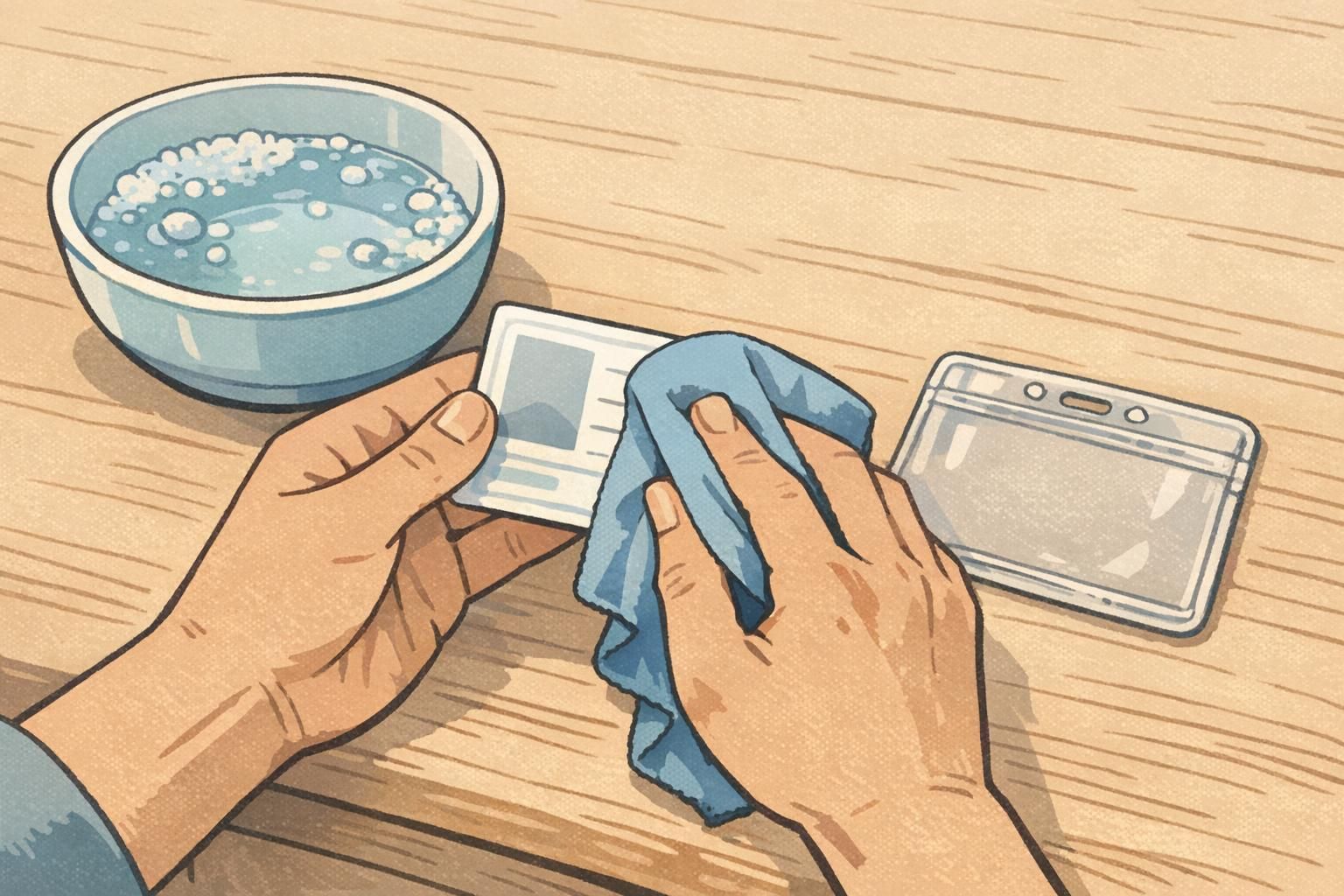 Hands gently wipe an ID card with a microfiber cloth near mild soapy water, then place it beside a clear holder ready to reinsert.