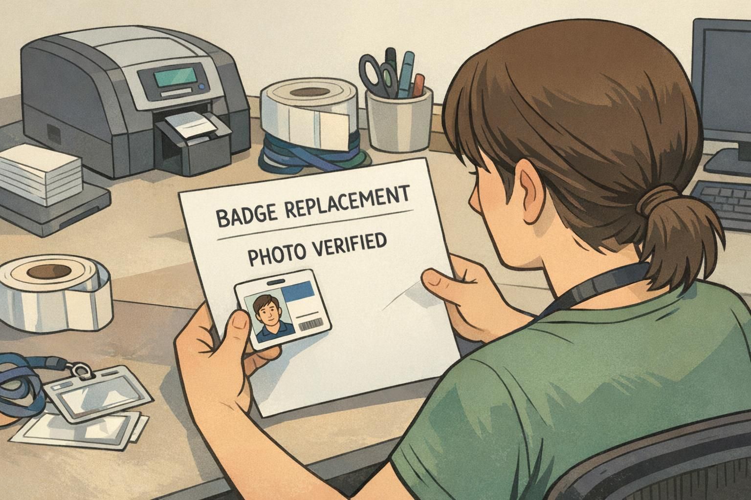 A staff member at a badge printing station compares a newly printed replacement ID card to an approved template during production.