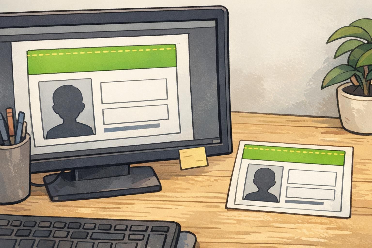 An ID card layout proof on a monitor beside a printed card shows a reserved top safe margin so the slot won’t cut into key design elements.