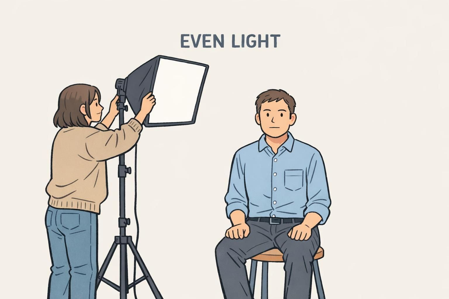 A coworker adjusts a soft front light for an employee portrait to reduce shadows and glare, demonstrating badge photo tips for even lighting.