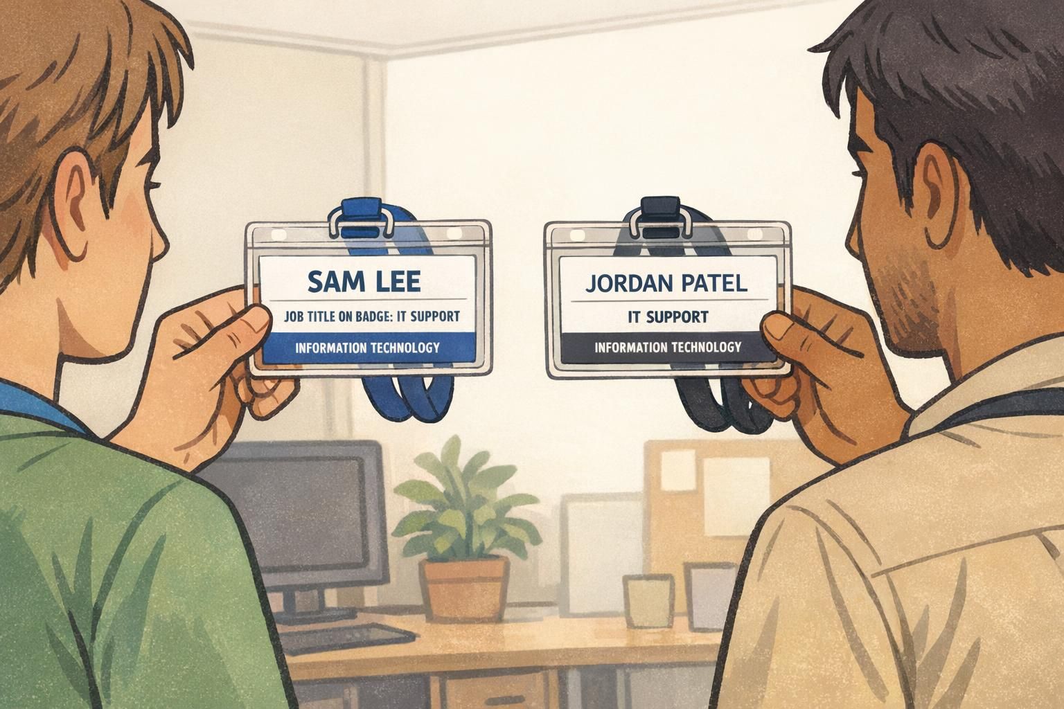 Two employees compare ID cards at arm’s length to confirm the title and department lines are readable and formatted the same way.