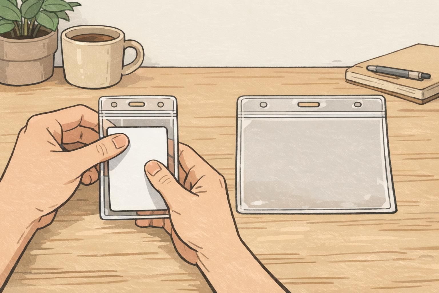 A standard credit-card-sized ID slides into a clear vertical holder while a larger event badge rests nearby to show ID holder size differences.
