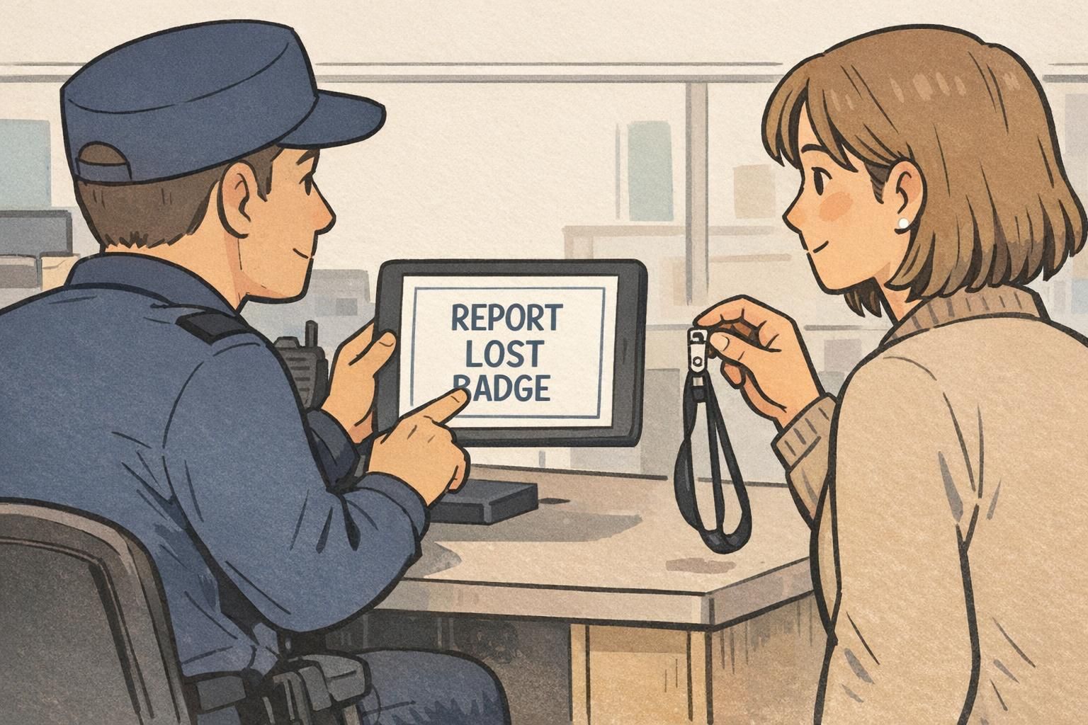 An employee reports a missing credential at a security desk while staff start the lost badge process on a tablet form.