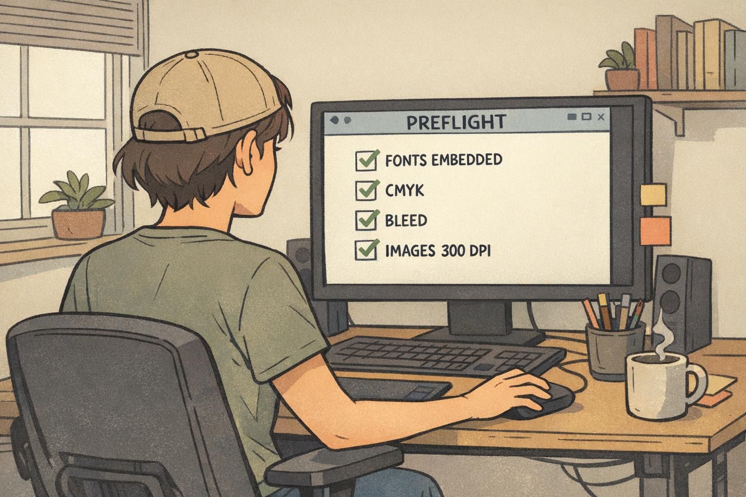 A designer runs a preflight window checklist for embedded fonts, CMYK color, bleed, and 300 DPI images to avoid printing mistakes on badge files.