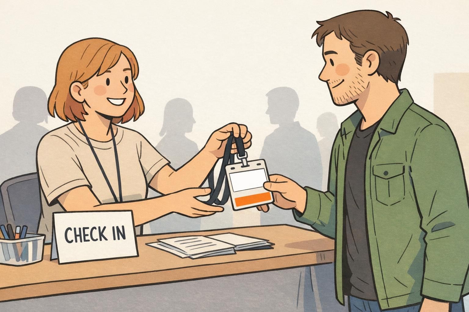 Conference check-in shows an uncluttered ID card on a lanyard with a large name area and a single category color band for quick scanning.