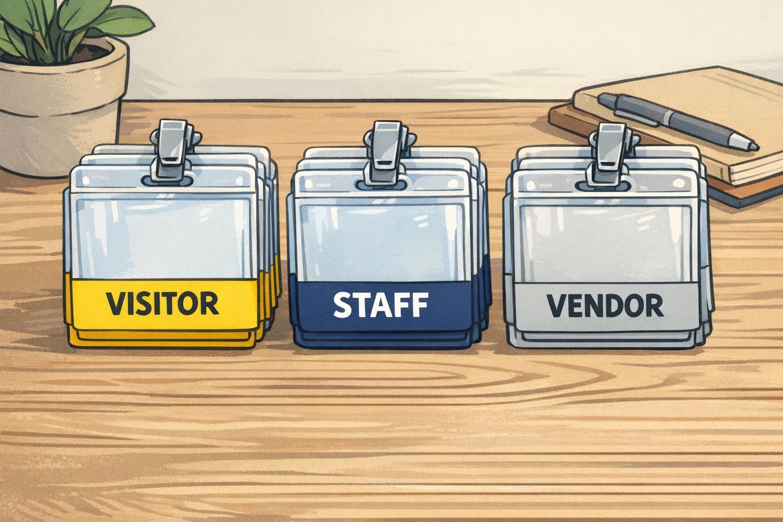 Tabletop close-up of stacked role identifier cards clipped to ID badges, showing color-coded roles for visitor, staff, and vendor.