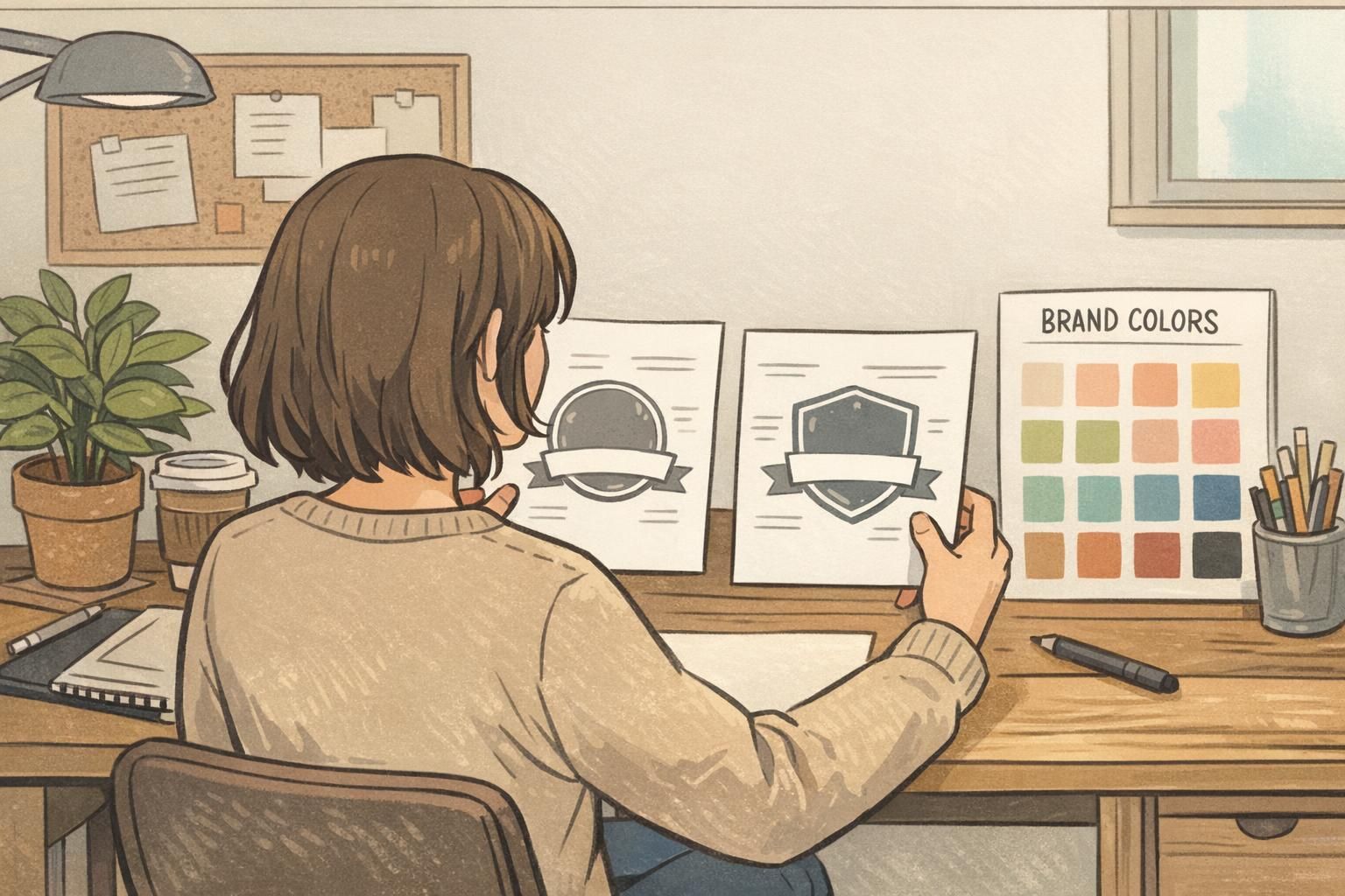 Designer reviews a rebranding ID cards badge layout beside a brand colors swatch sheet.