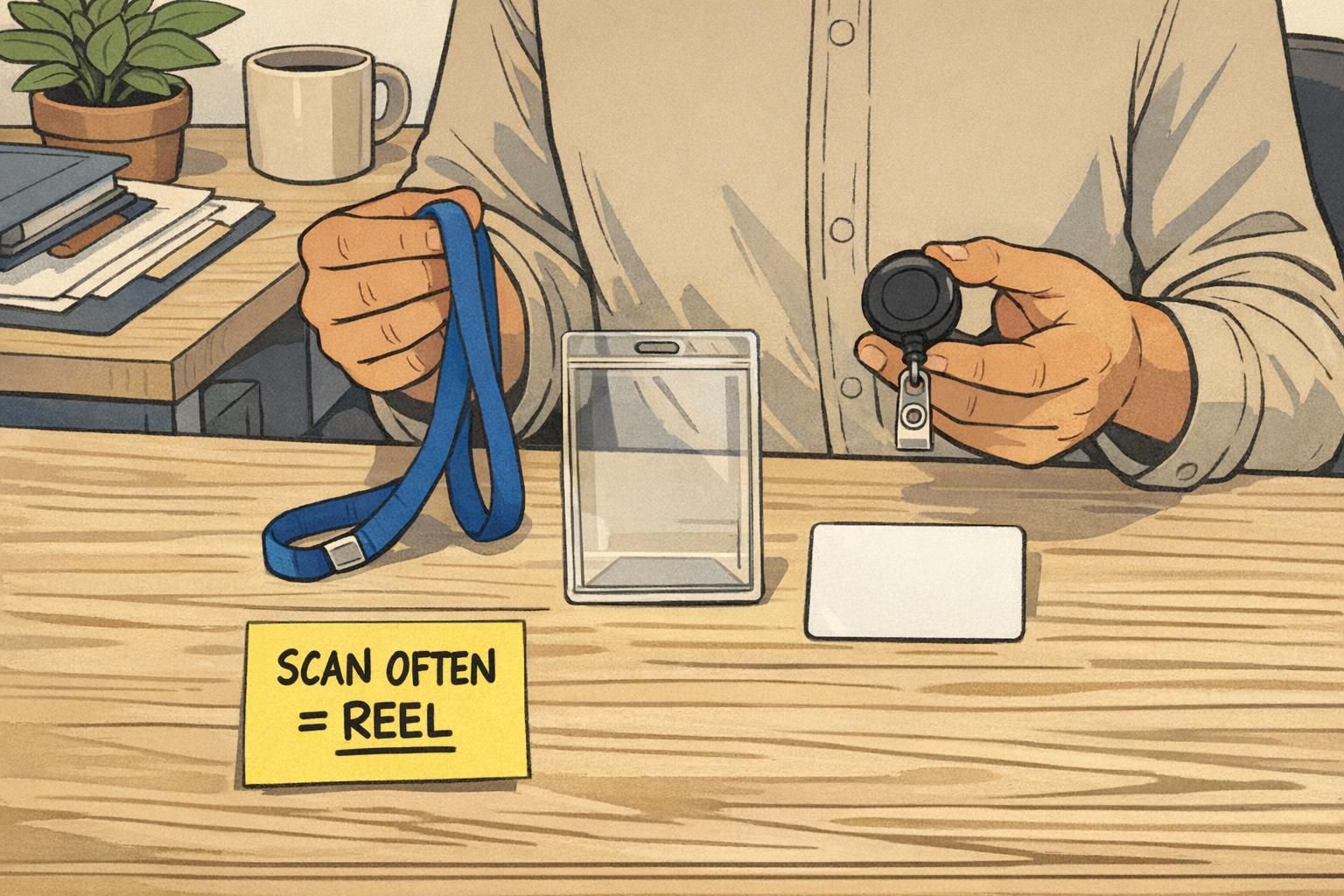 On an office desk, a lanyard, badge reel, clear vertical holder, and ID card are laid out to compare attachments for badge wearing comfort and scan frequency.