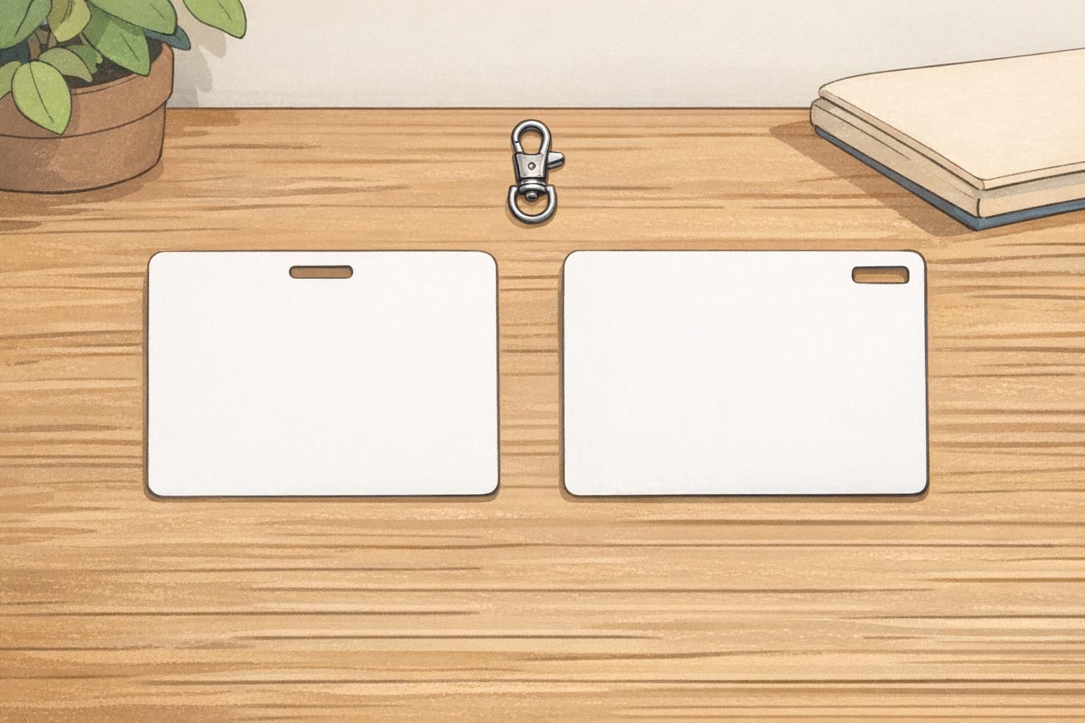 Two PVC ID cards on a tabletop compare a centered top slot versus an end slot near the corner, with a metal hook above to show attachment options.