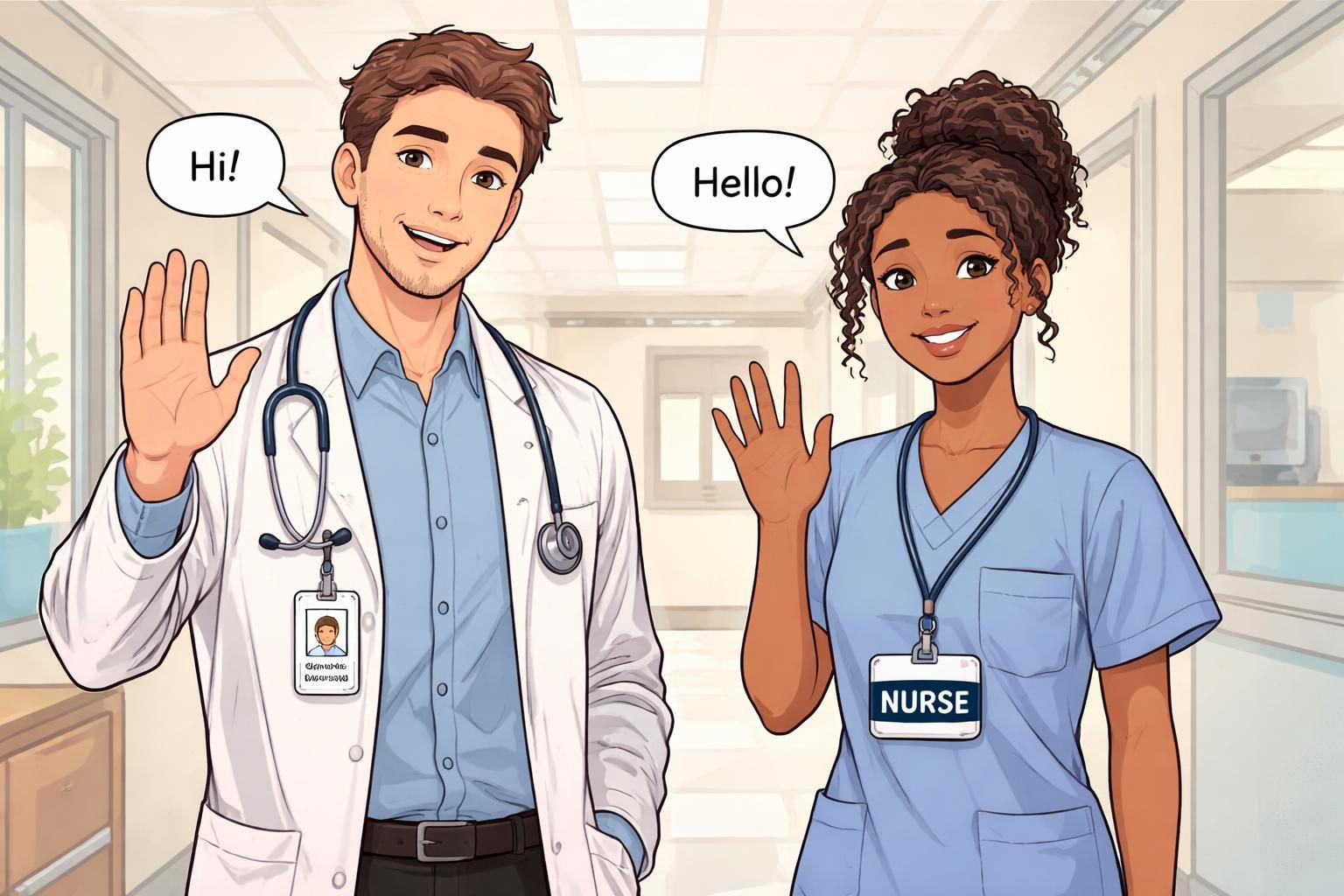 Two clinicians introduce themselves in a hospital corridor; one wears a stacked badge with a high-contrast role insert identifying them as a nurse for quick recognition.