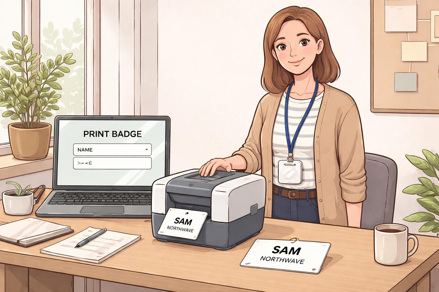 On-demand badge printing station with a staff member next to a compact desktop printer and a freshly printed paper insert sitting on the desk, illustrating fast check-in workflow.