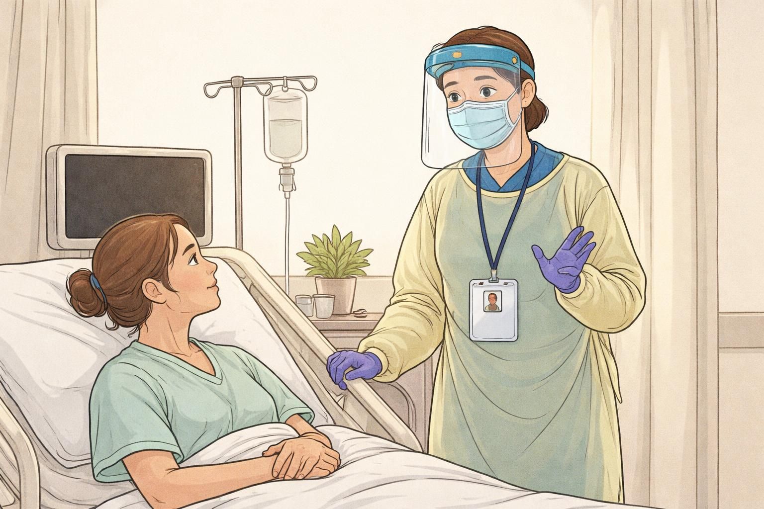 A small training huddle around a break-room whiteboard showing guidance on role color coding and keeping titles large; one staff member wears an ID on a clip.