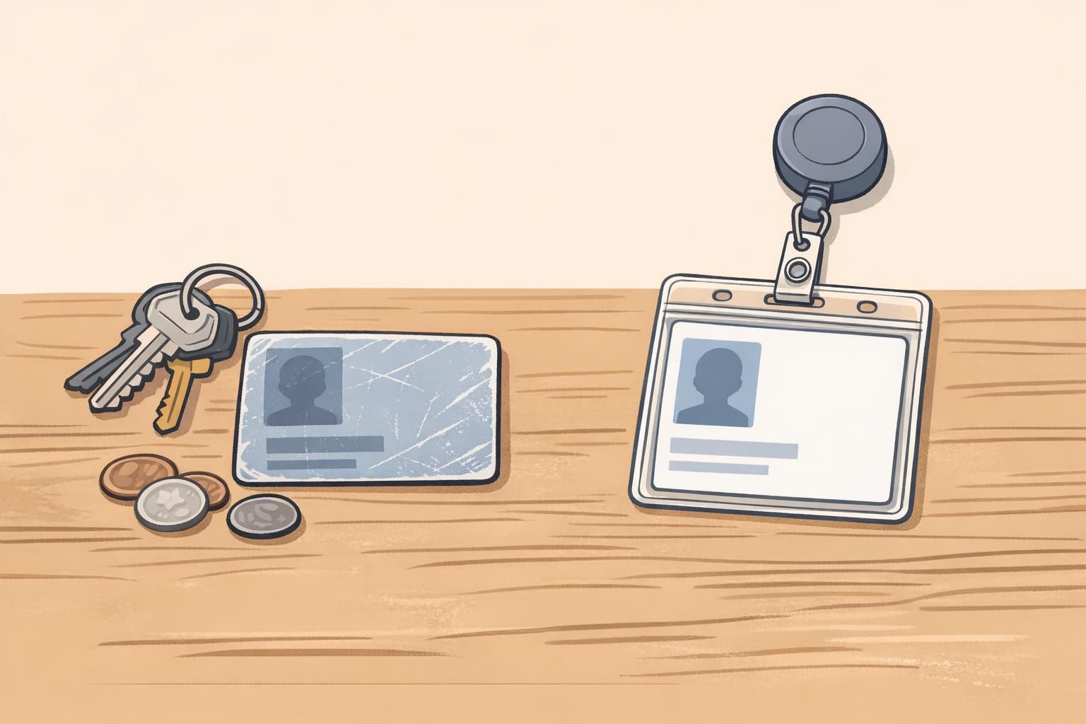Tabletop comparison showing a scratched ID card beside keys and coins next to a clean card protected in a clear holder attached to a retractable reel.