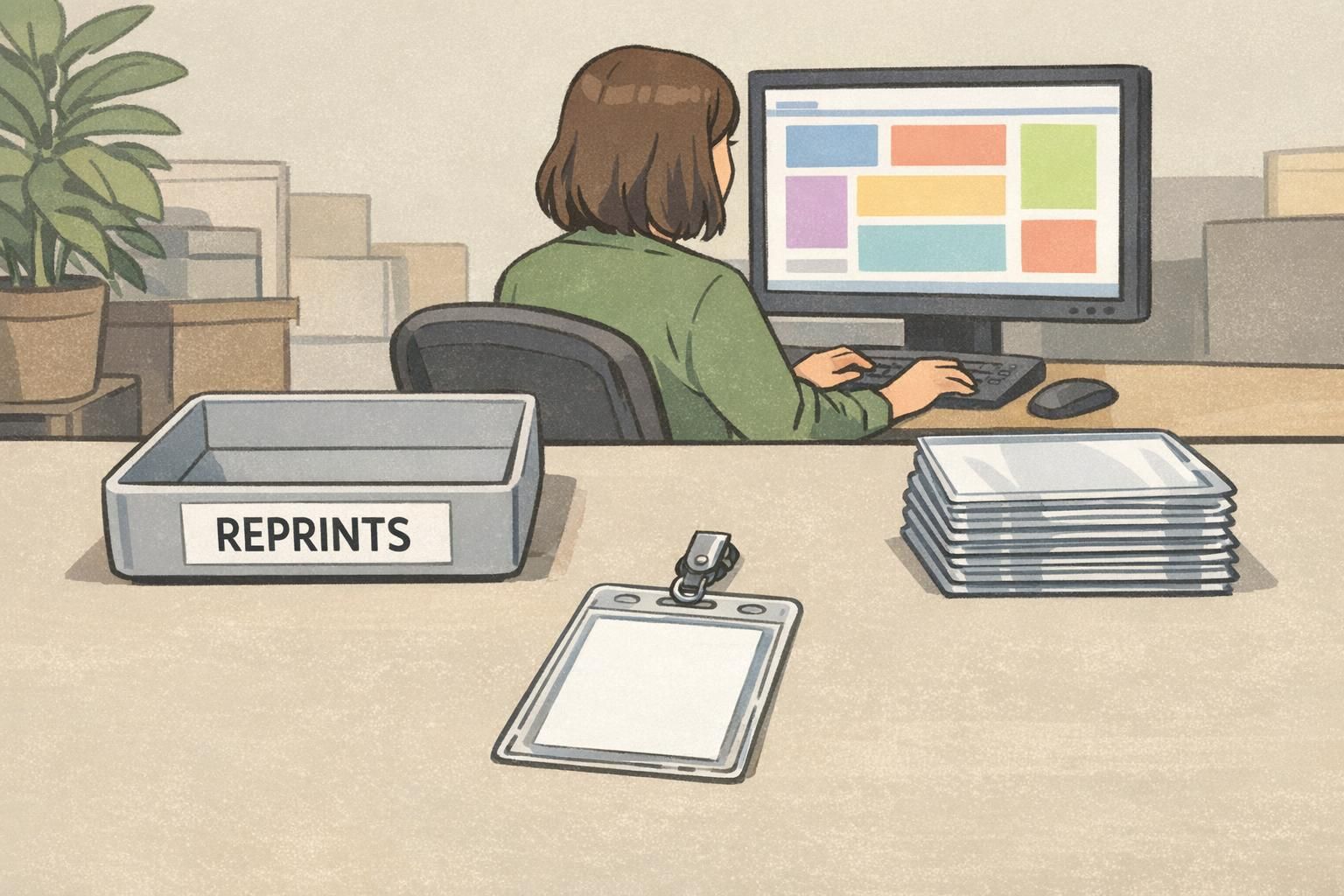 A reception desk reprint station shows a tray labeled REPRINTS, a stack of replacement badge holders, and one ID badge in a clear holder ready to be updated.