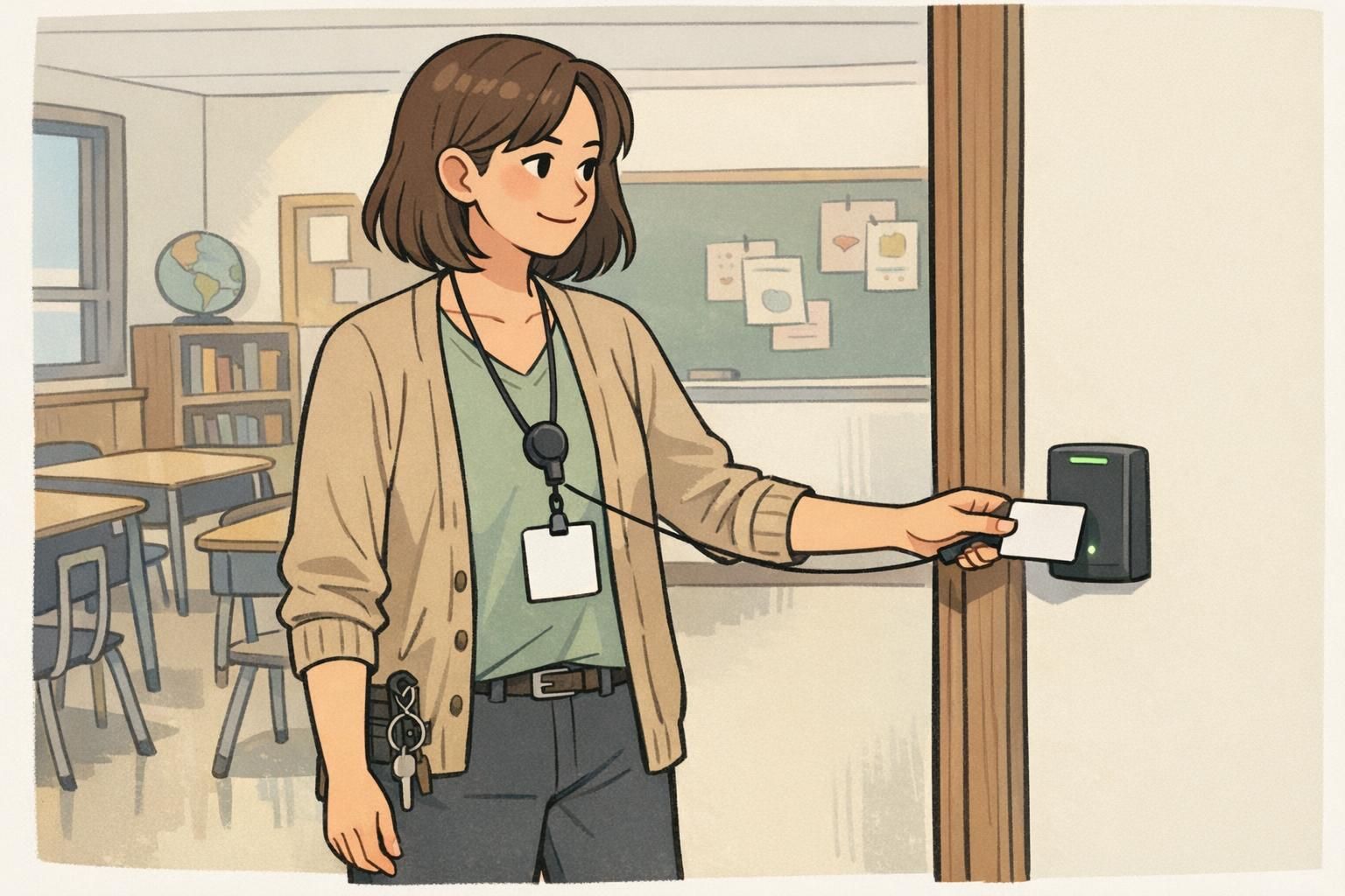 School staff member using a breakaway lanyard reel to scan a wall-mounted reader while the ID badge stays visible and controlled on the upper chest.