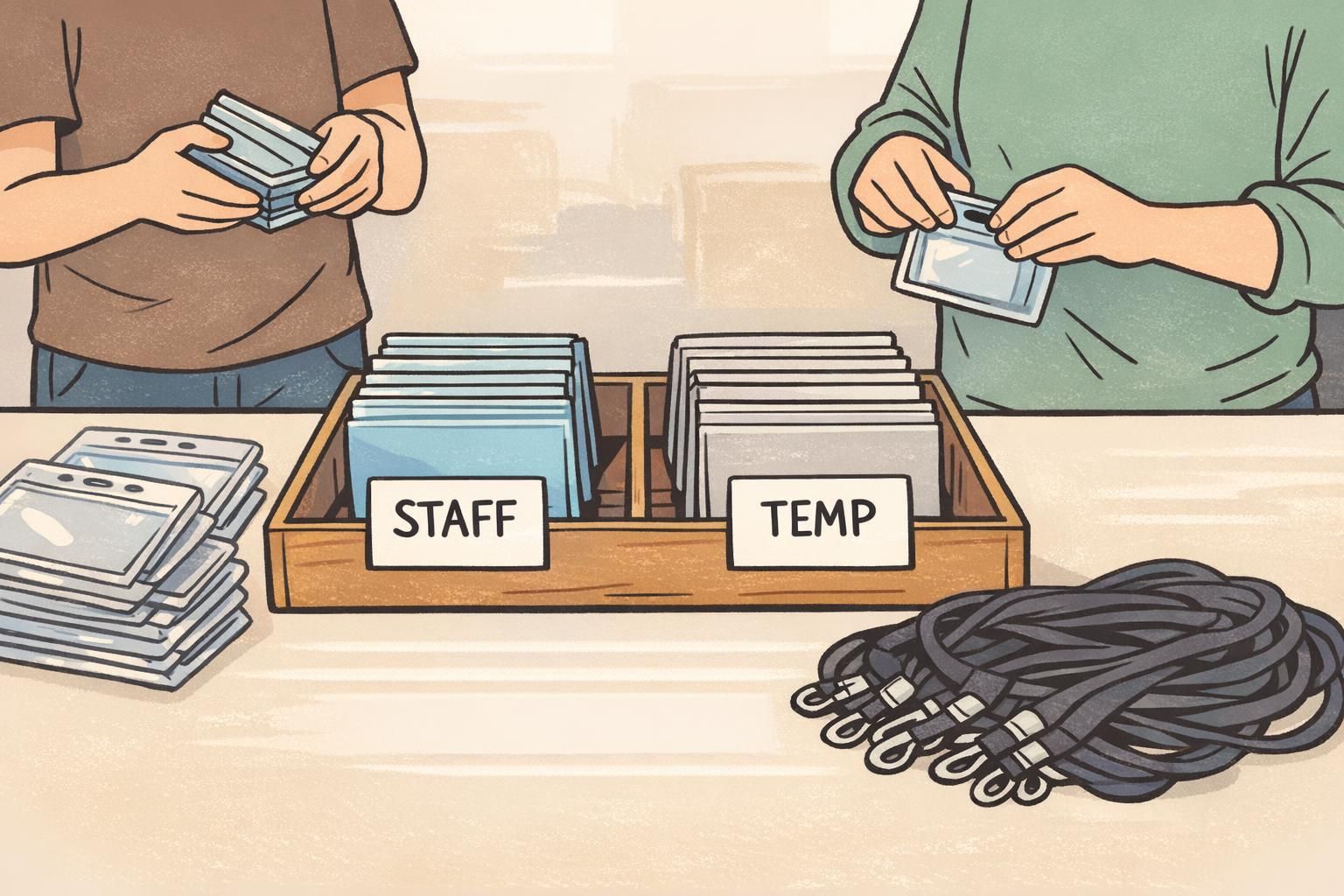 An event check-in table shows organized stacks for STAFF and a temporary staff badge group, with holders and lanyards ready for fast issue.