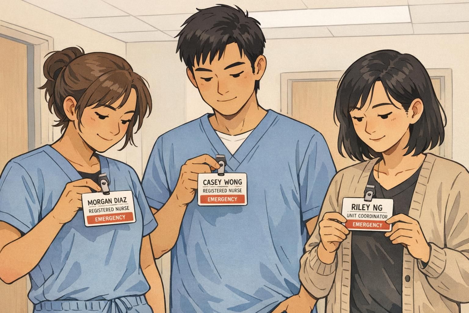 A small team checks their badges in a hallway to confirm matching department labels and consistent formatting across the same unit.