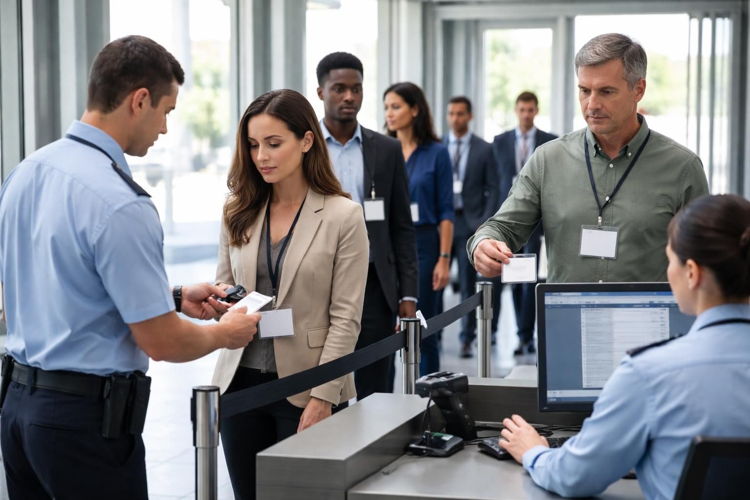 Security staff scanning employee ID cards at a facility entrance while visitors wear temporary badges for clear identification and access control.
