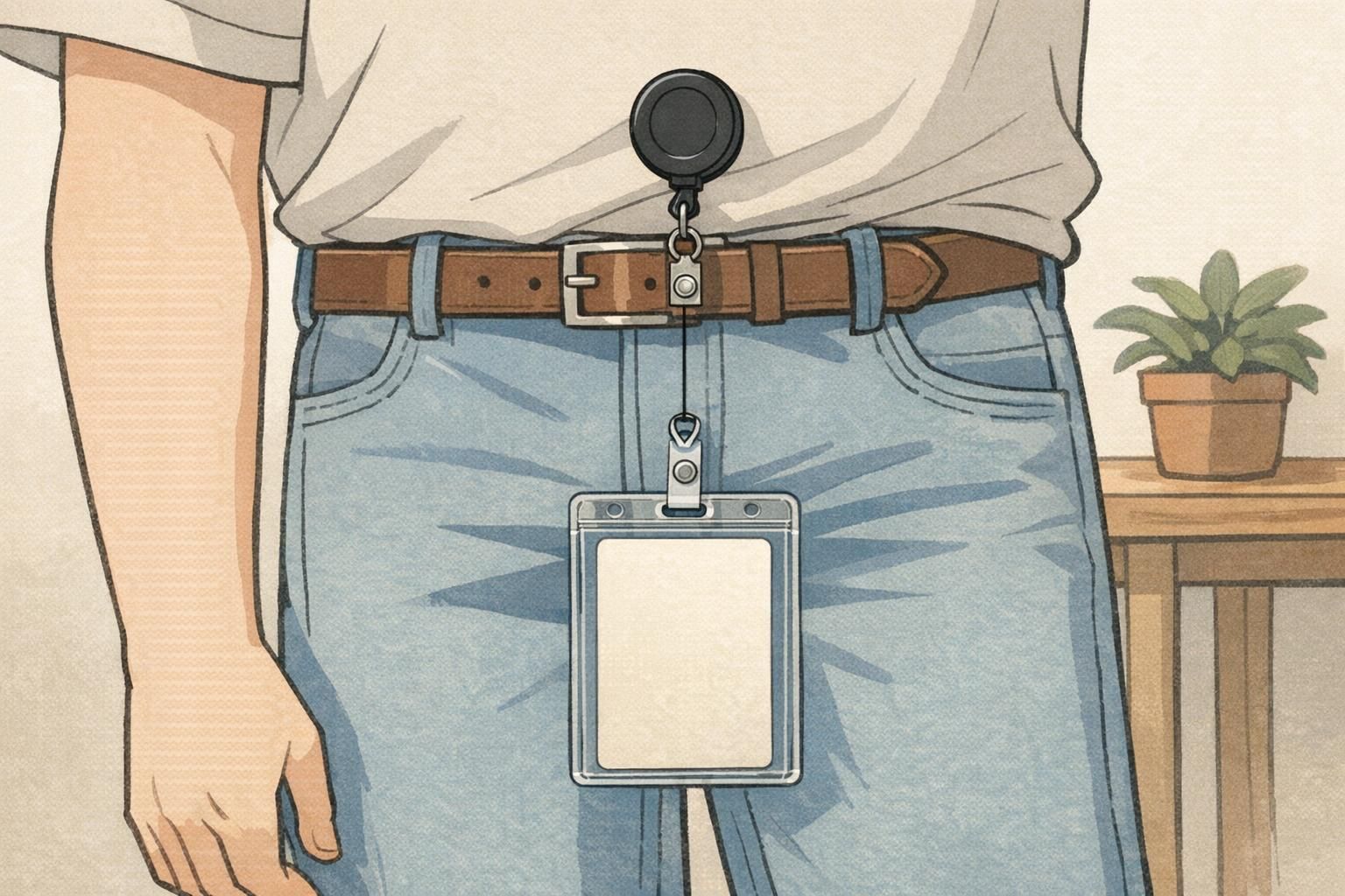 A retractable reel clipped at the waist connects to a clear badge holder, demonstrating how a badge slot punch and attachment type keep the card upright when extended.