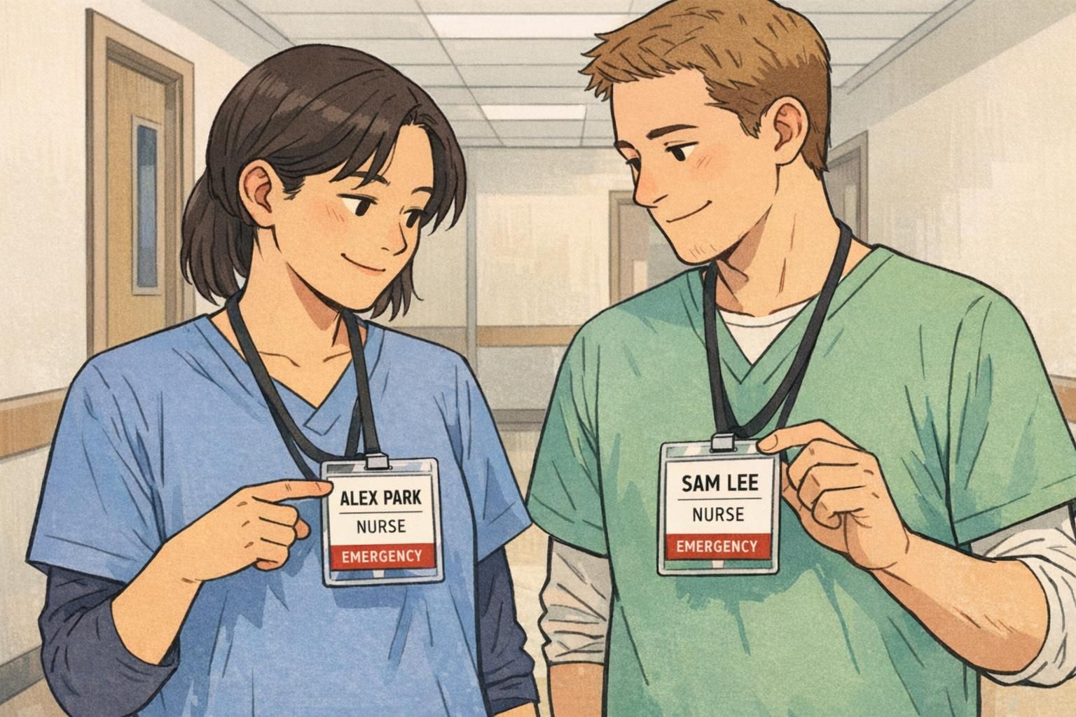 Two coworkers compare ID badges, clearly showing the job title on badge and the Emergency department label.