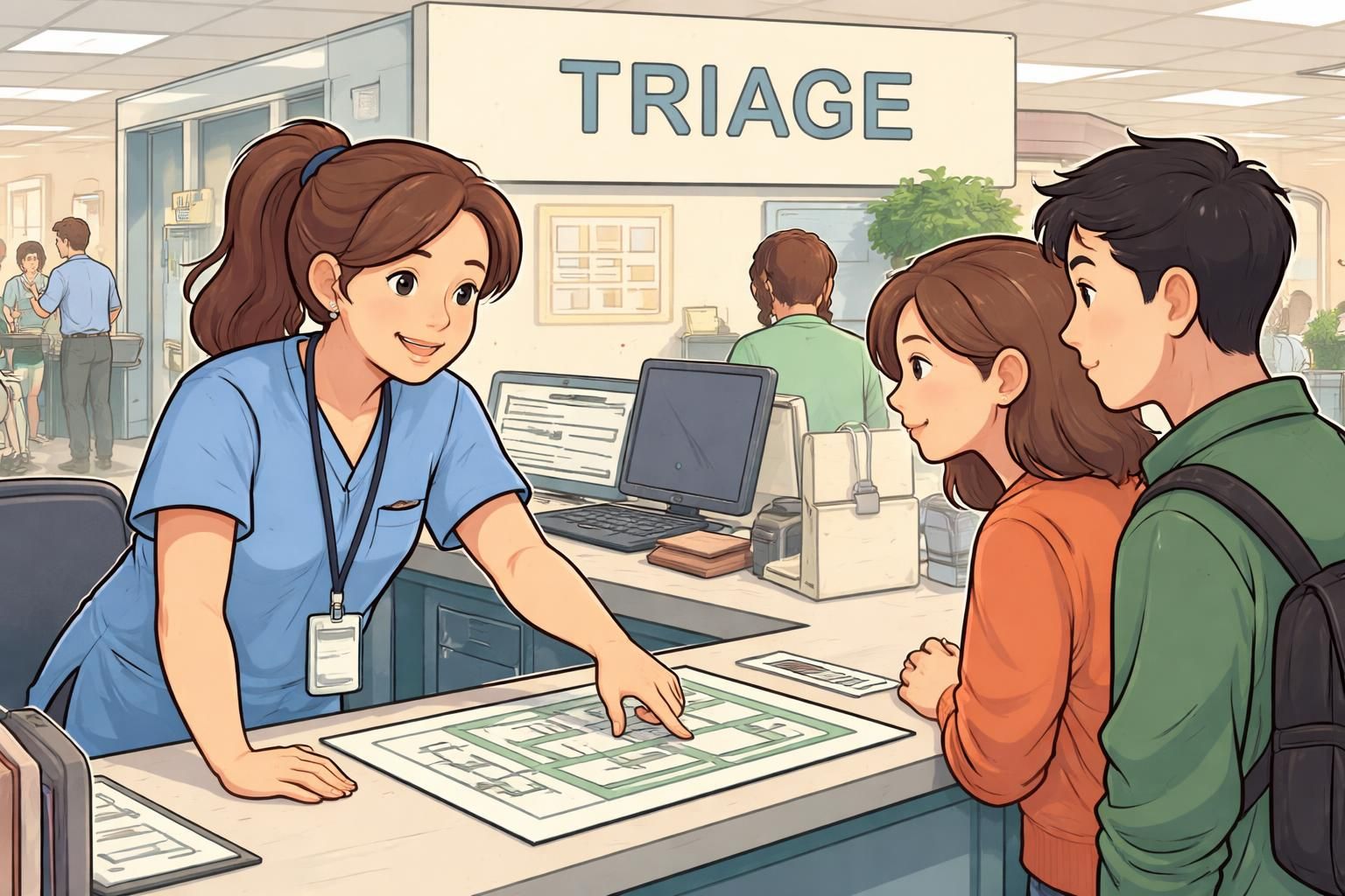 Busy emergency department triage area with a clinician pointing to a floor map; the clinician wears a lanyard ID and a nearby sign indicates the triage zone.