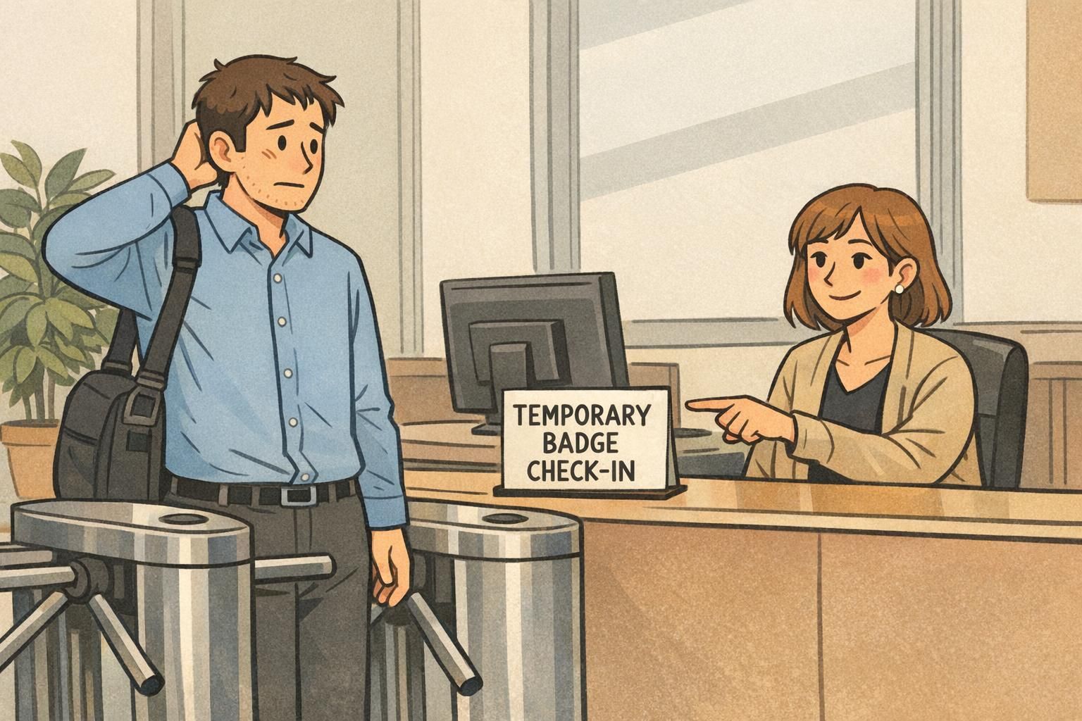An employee without a badge checks in at the entrance turnstile for a temporary credential, illustrating badge rules for forgotten badges.