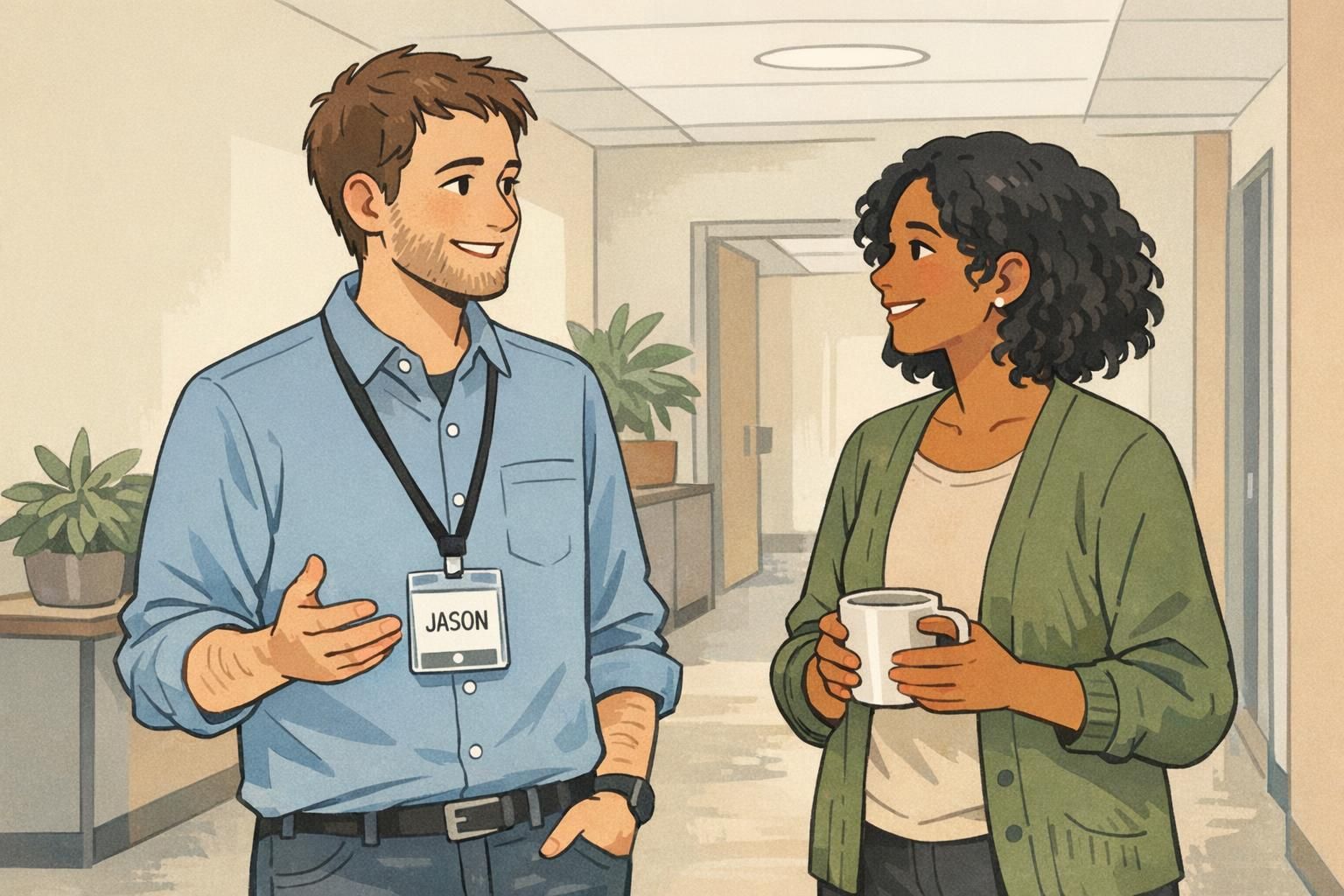 Two coworkers talk in a workplace hallway while one wears a centered, easy-to-read ID badge on a lanyard, showing a real-world fix for badge design mistakes.
