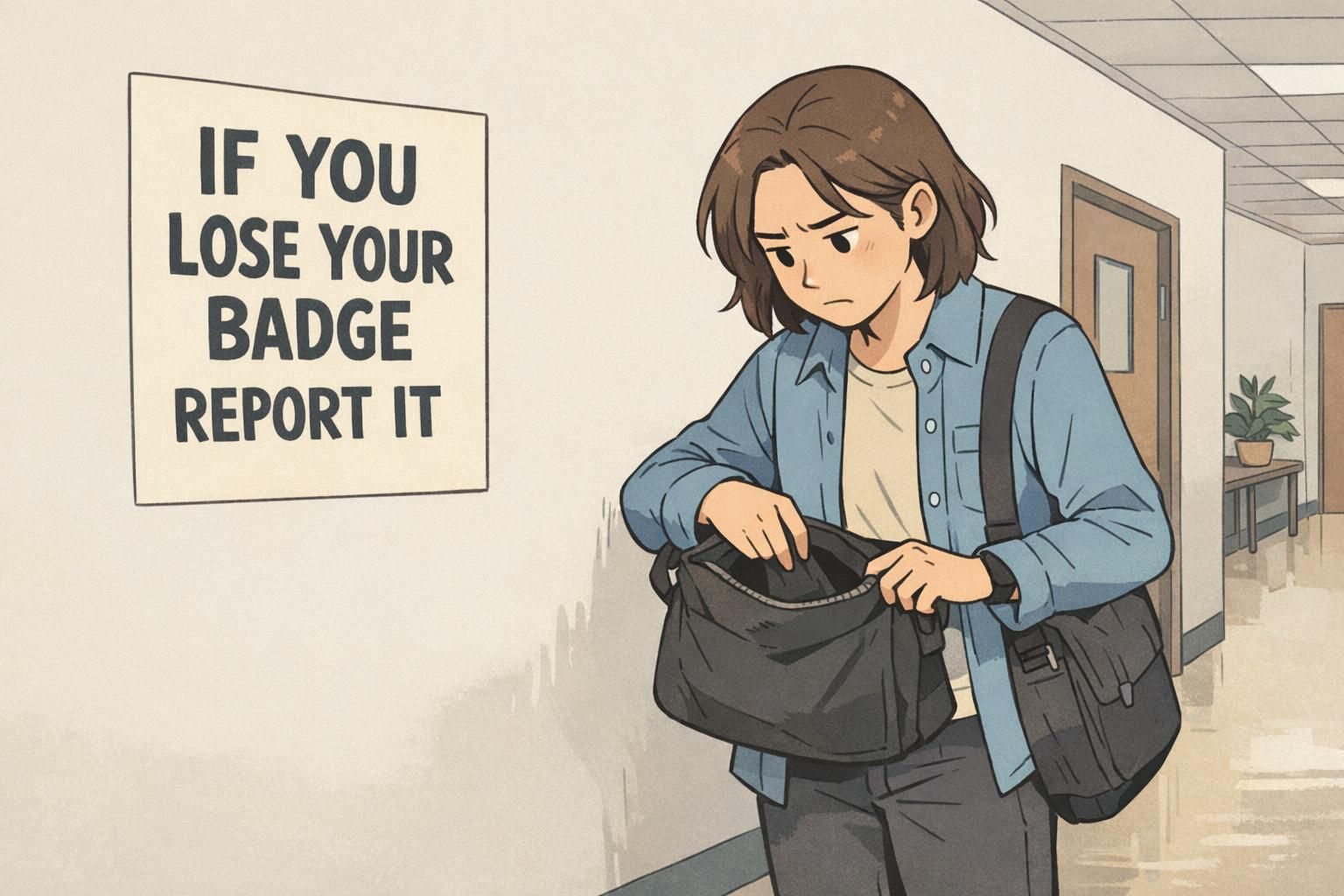 In a hallway, an employee checks their pockets and bag after noticing their ID is missing, next to a poster reminding them to report it.