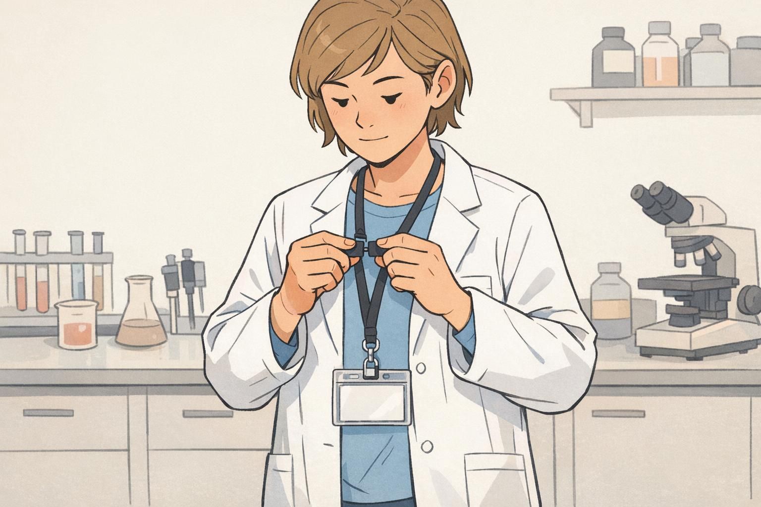 A lab worker adjusts a breakaway lanyard clasp so an ID badge hangs neatly, demonstrating safer ID attachment options near active work areas.