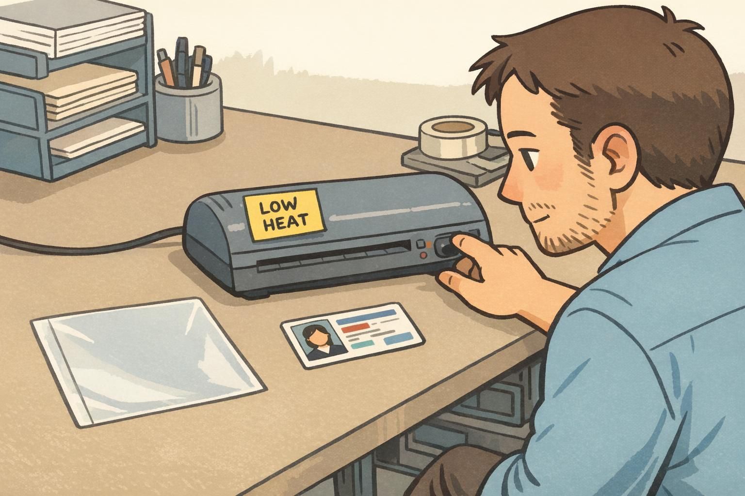 Technician adjusts a tabletop laminator with an ID card and lamination pouch nearby, preparing for low-risk laminating ID card work.