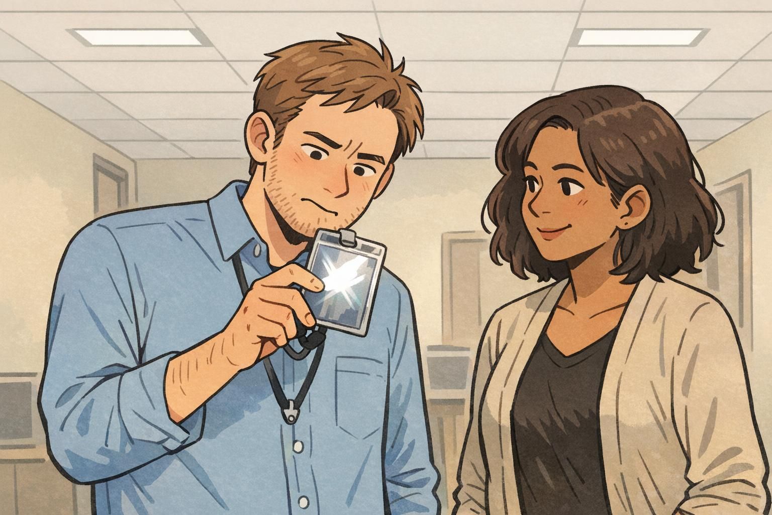 At an event check-in table, staff scan a QR code on a matte ID card credential held flat in a clear holder with minimal reflections.