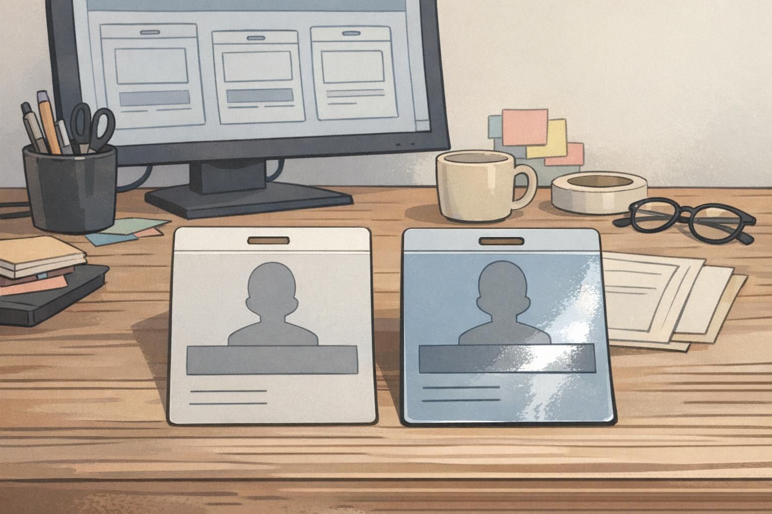 In a hospital corridor, a nurse wears a readable name badge on a retractable clip, shown clearly under bright, even lighting with minimal reflections.