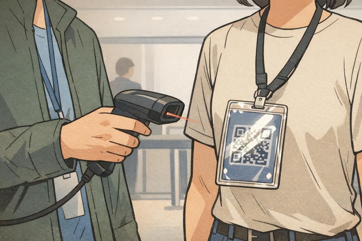 An entry staff member scans a QR code badge in a clear glossy holder, with overhead light glare reflecting off the plastic and interfering with readability.