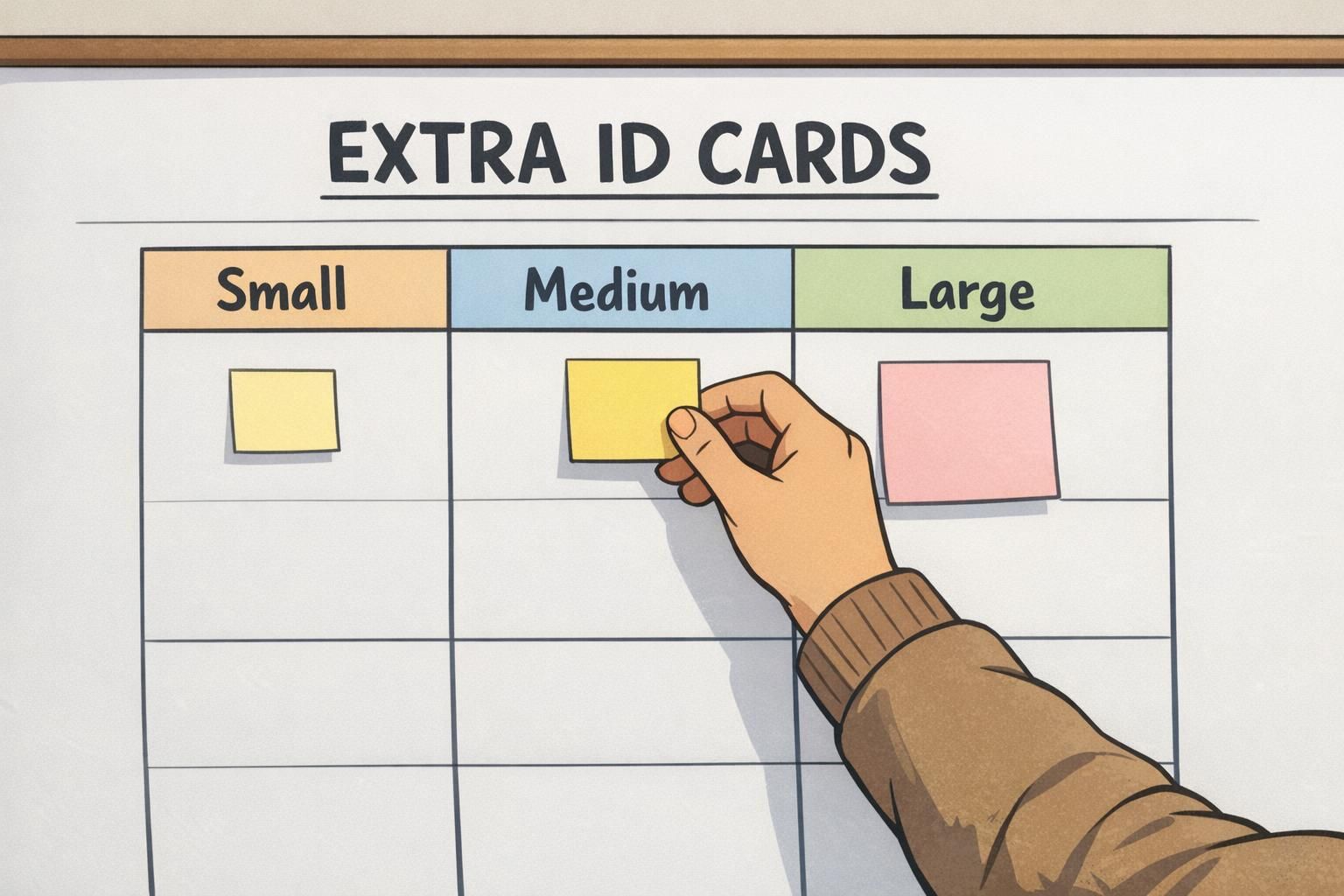 A planning board chart compares extra ID cards guidance for small, medium, and large organizations while someone adds a sticky note.