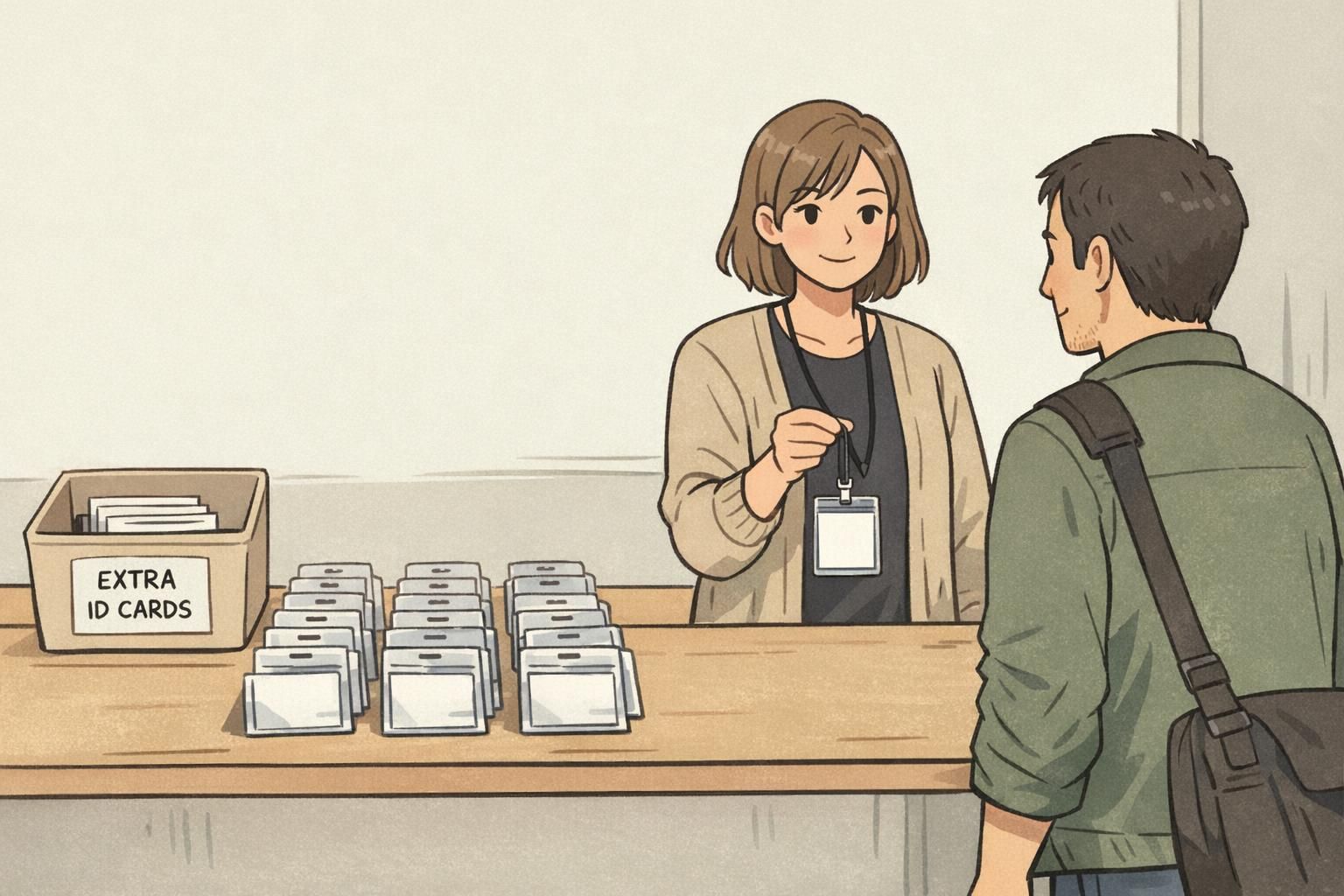 An event check-in table shows neatly arranged badge holders and a bin of extra ID cards while a staff member hands an attendee a lanyard badge.