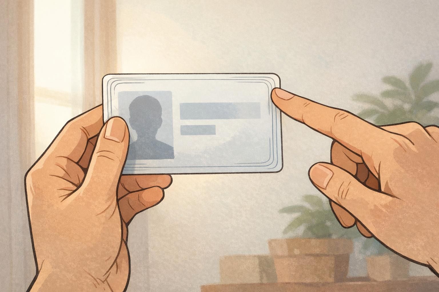 Hand holds an ID card up to the light with a faint antenna path visible near the edges, showing where RFID components can be damaged.