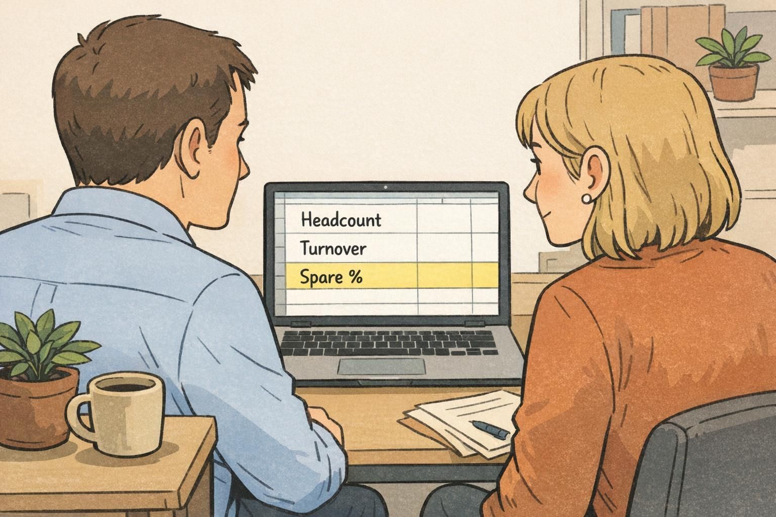 An HR staff member and manager review a laptop spreadsheet with headcount and turnover to choose a spare percentage for extra ID cards.