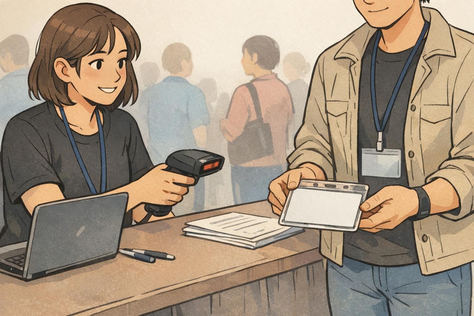 On a designer’s desk, matte and glossy badge samples sit side by side, with a bright reflection streaking across the glossy sample’s name area.